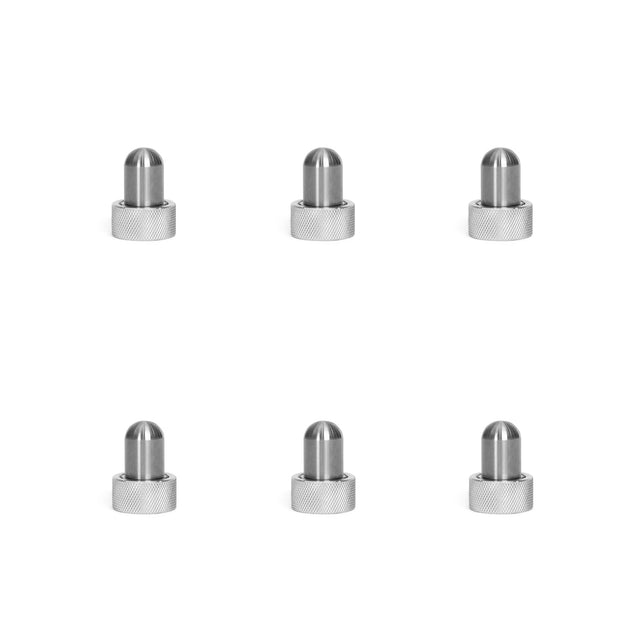 Six identical Bells of Steel Magnetic Rack Attachment Pins with rounded tops and textured bases are arranged in two rows against a white background, resembling sturdy mag pins commonly used for power racks.