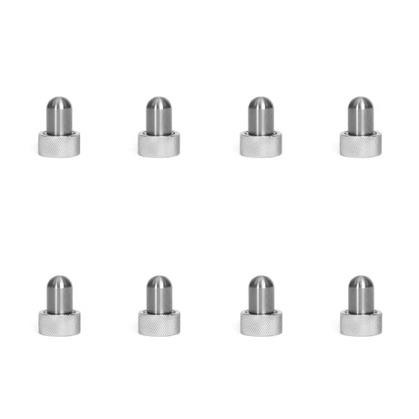 Eight Bells of Steel Magnetic Rack Attachment Pins, each cylindrical with rounded tops and textured bases, are arranged in two even horizontal rows against a white background.