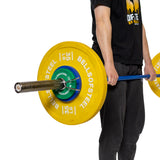 A person wearing dark clothes holds a barbell with yellow and green "BELLS OF STEEL 35 LB" plates. Only their torso, arms, and legs are visible. Bells of Steel Spring Collars secure the weights on the Olympic barbell sleeves.