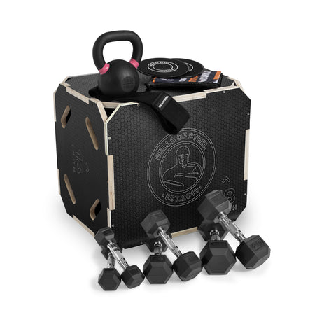 The Bells of Steel Strength Circuit Starter Kits include a black plyometric box displaying the logo, kettlebell, resistance band, exercise sliders, booklets, and four hex dumbbells—everything for your home workout on a white background.
