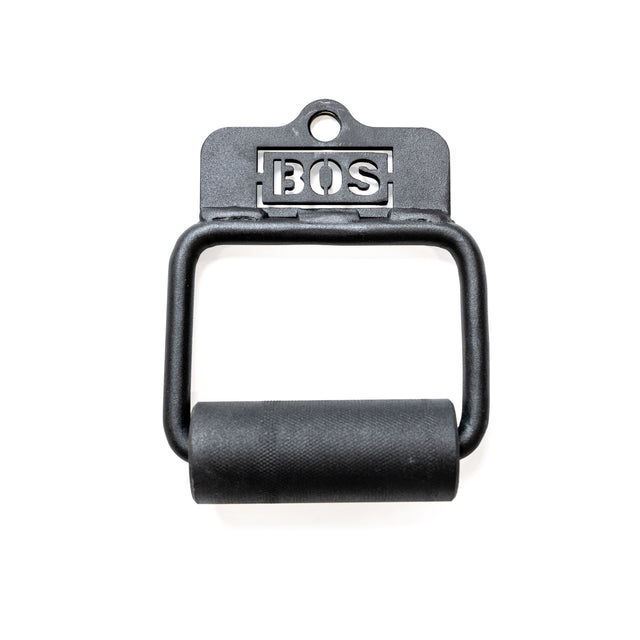 The Fat Bar Single D Handle by Bells of Steel is a black metal pull-up bar handle designed for fitness equipment and home workouts, offering a sturdy grip to boost grip strength. The "BOS" engraving on top makes it an ideal addition to your setup or cable machine.