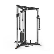 The Bells of Steel All-in-One Trainer is a versatile multi-functional cable machine with adjustable pulleys, weight stacks on both sides, various attachment handles, and a squat stand, perfect for comprehensive strength training.