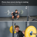 A man squats with a barbell in a gym while his phone is held nearby by the Bells of Steel Selfie Sentinel - Magnetic Rack Phone Holder. Text above reads, “Phone stays secure during re-racking. Stress free recording of heavy lifts.”.