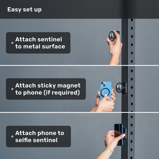 Three panels illustrate hands attaching the Bells of Steel Selfie Sentinel - Magnetic Rack Phone Holder, first by securing its MagSafe-compatible circular base to a metal rack, then sticking the magnet to a blue phone, and finally mounting the phone onto the holder. Each step is accompanied by text instructions, showcasing how easy it is to set up this convenient gym phone holder.