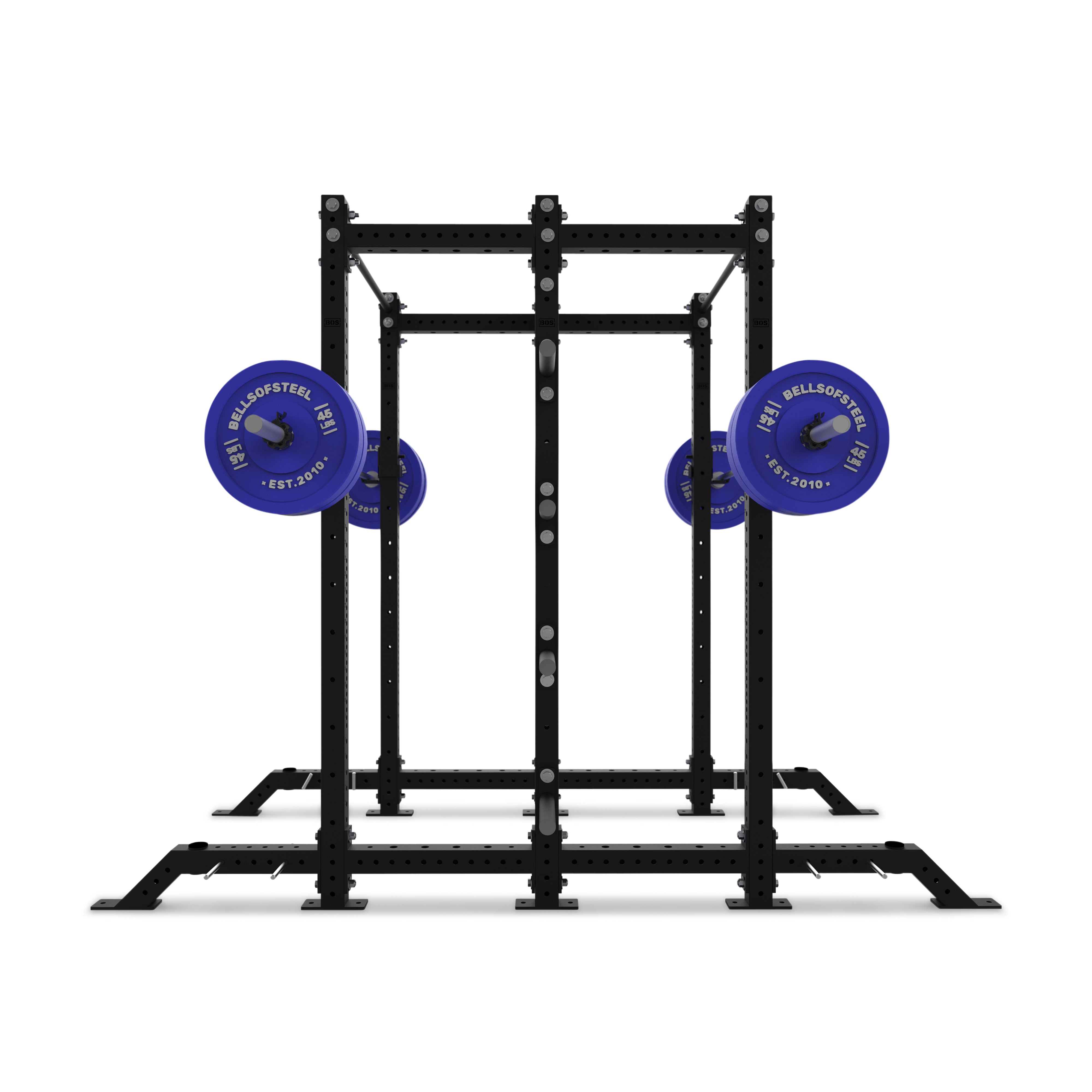 Displayed is a Hydra 2-Sided Rack by Bells of Steel, a squat rack featuring two blue weight plates on each side with white lettering. The image reveals a clear front view of this versatile and open ecosystem fitness equipment.