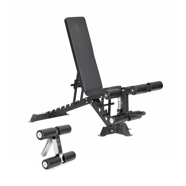 The Buzz-Saw Heavy-Duty Adjustable Bench by Bells of Steel supports 1,000lb, includes an incline feature, and comes with a black padded seat. Its leg extension and curl attachment have foam rollers for efficient leg workouts in a neutral setting.