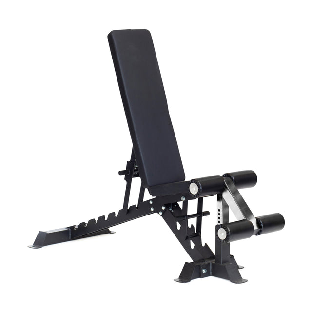 The Buzz-Saw Heavy-Duty Adjustable Bench by Bells of Steel is a versatile, black weight bench with leg supports and a padded backrest and seat. Perfect for strength training, it adjusts to various angles to complement any exercise routine.