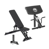 The Buzz-Saw Heavy-Duty Adjustable Bench by Bells of Steel is black with a versatile design offering multiple incline settings, includes a preacher curl pad attachment, and comes with a compact wall-mounted barbell holder.