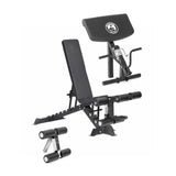 The Buzz-Saw Heavy-Duty Adjustable Bench by Bells of Steel features a black padded seat and backrest, leg curl attachment, and preacher curl pad with handle, making it ideal for strength training and weightlifting exercises.