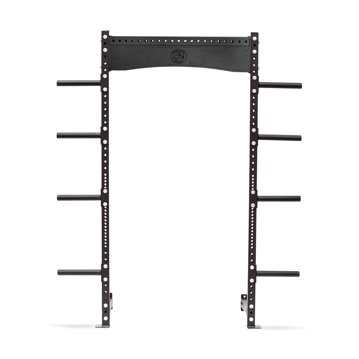 The Hydra Rack Plate Extension by Bells of Steel is constructed from black metal and includes a series of evenly spaced holes for adjustable barbell placements. Each side features six horizontal pegs, offering ample weight storage, while a branded plate on the top crossbar elegantly stands out against the white background.