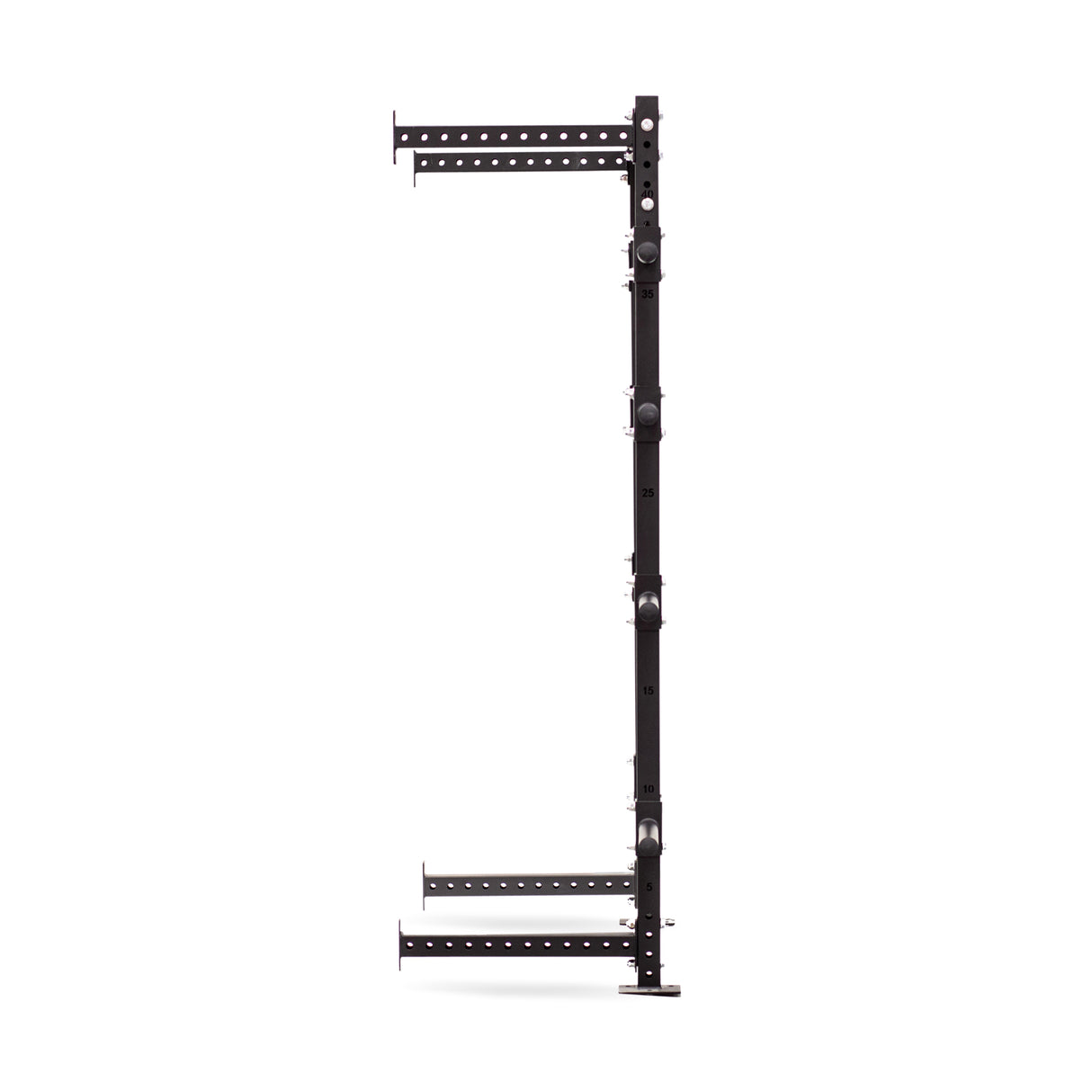 Side view of the **Bells of Steel Hydra Rack Plate Extension**, showcasing its black metal frame with multiple holes for adjustable height. This robust structure is crafted for weightlifting or gym setups and includes convenient plate storage options. It is depicted against a plain white background.