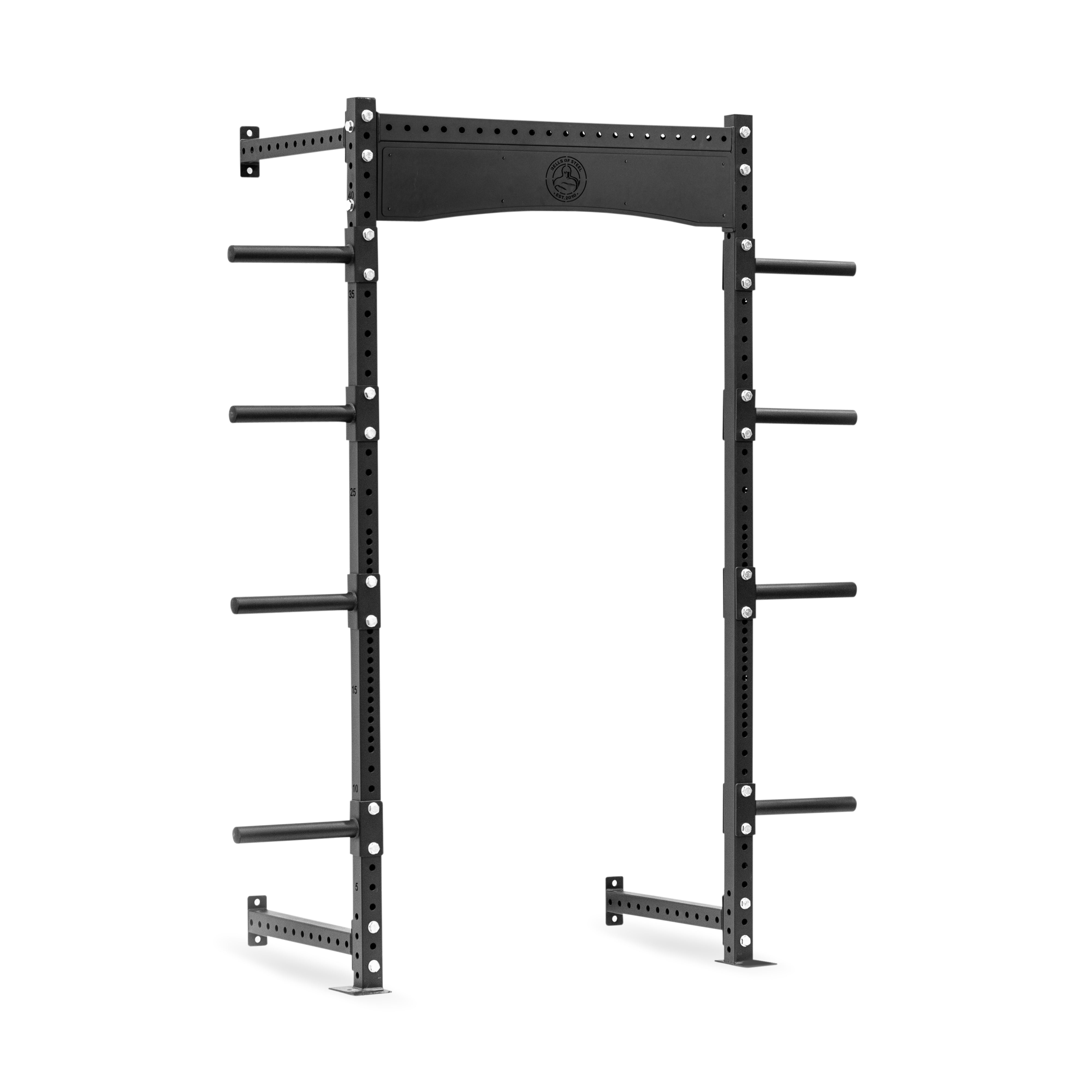 The Bells of Steel Hydra Rack Plate Extension is a black power rack designed for weightlifting and strength training, featuring multiple adjustable holes and pegs. It offers a tall, sturdy structure with convenient plate storage and displays the brand logo on the top beam.