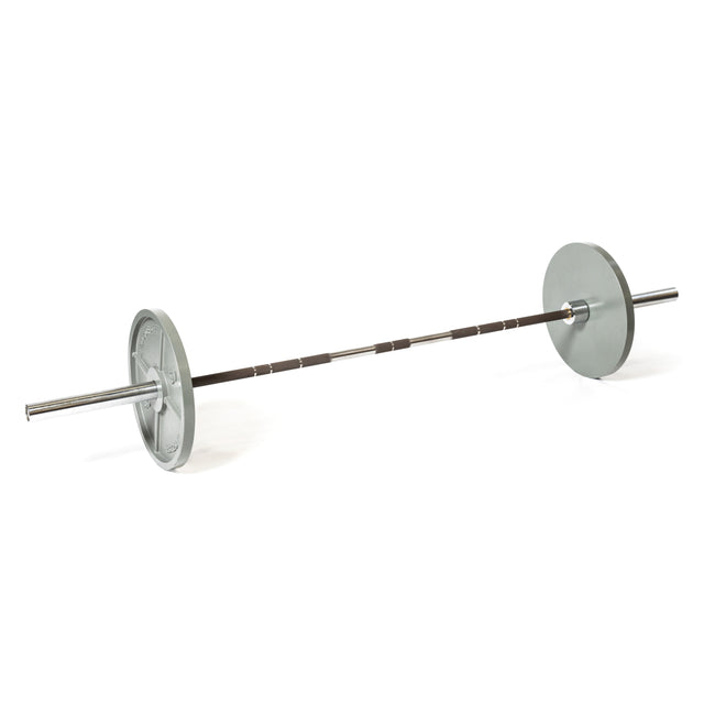 Against a plain white background is the Hydra Seven Ring Bar, manufactured by Bells of Steel. This powerlifting bar showcases two large weight plates affixed to each end and includes a textured grip section in the center for improved handling.