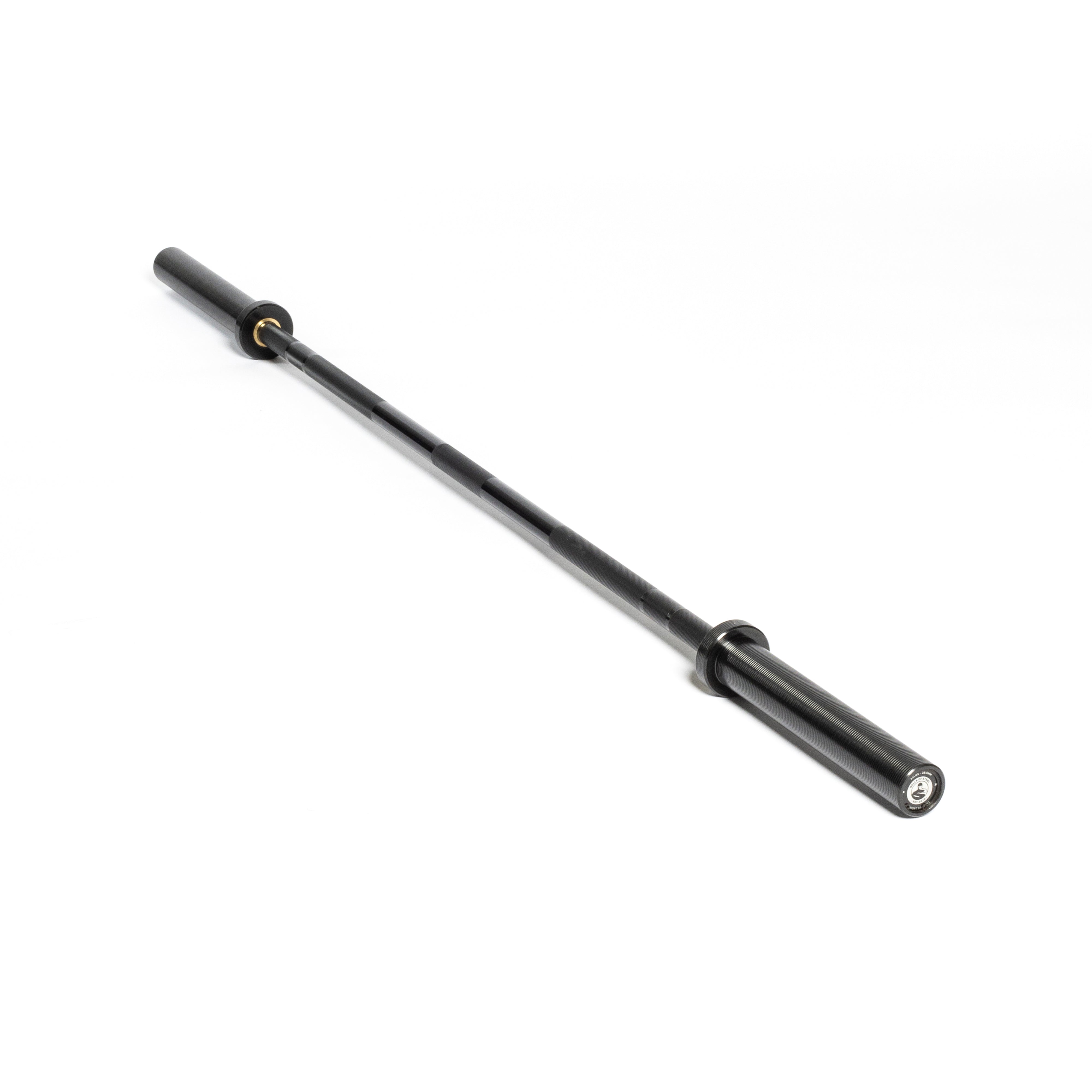 A black Short Utility Barbell by Bells of Steel is photographed against a white background, highlighting its knurled grips and rotating sleeves on each end, perfect for mastering Olympic lifts.