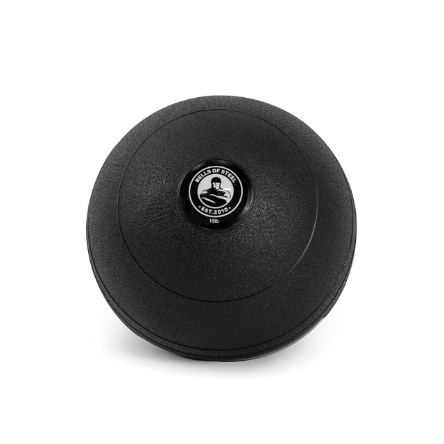 A black slam ball by Bells of Steel with a textured surface, ideal for enhancing cardio workouts and explosive power. It features a central logo ring labeled "Bells of Steel" and "18 lb," set against a plain white background.