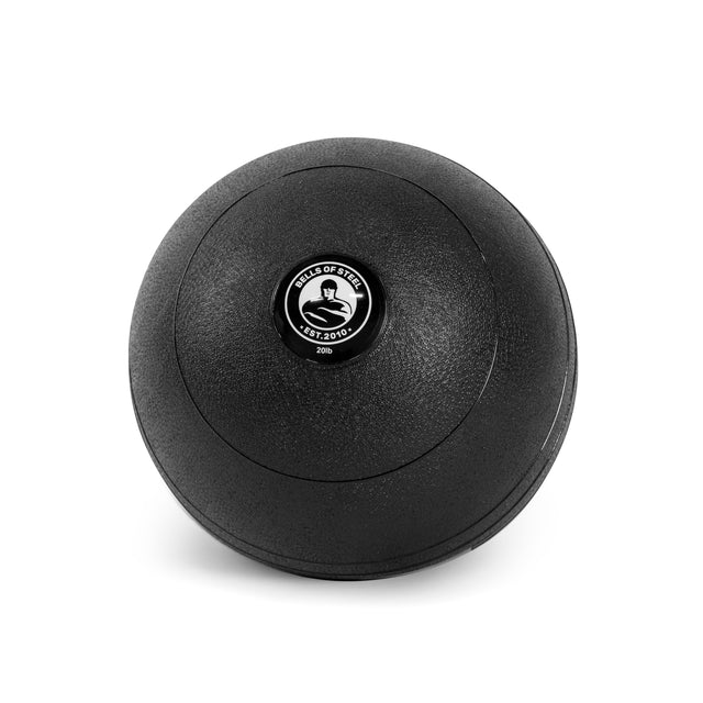 A black Slam Ball by Bells of Steel, featuring a textured surface, is perfect for boosting explosive power in cardio workouts. It displays the label "Bells of Steel, Est. 2010" and a bull logo against a white background.