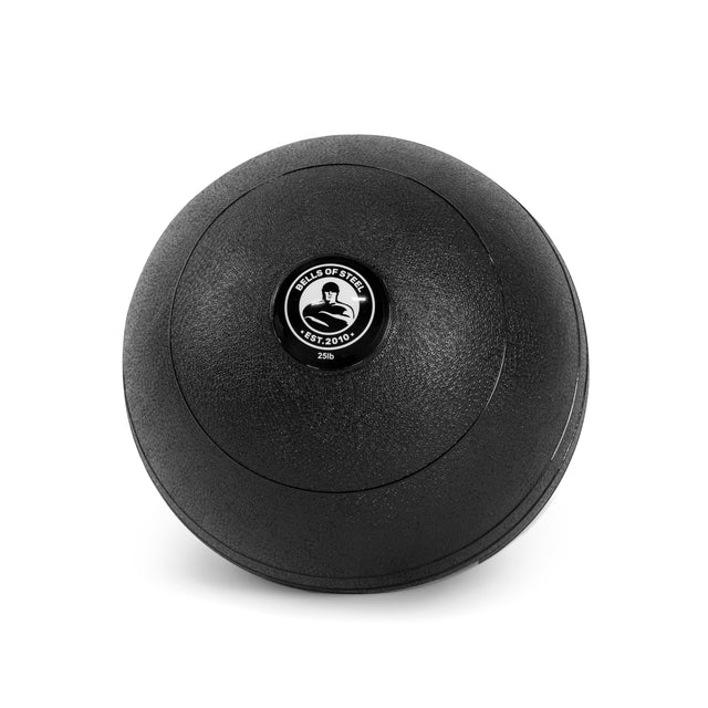 The black Bells of Steel Slam Ball, ideal for cardio, has a textured surface and features a logo with a weightlifter, "Bulls of Steel Est. 2010," and the number 25. Perfect for enhancing explosive power during workouts.