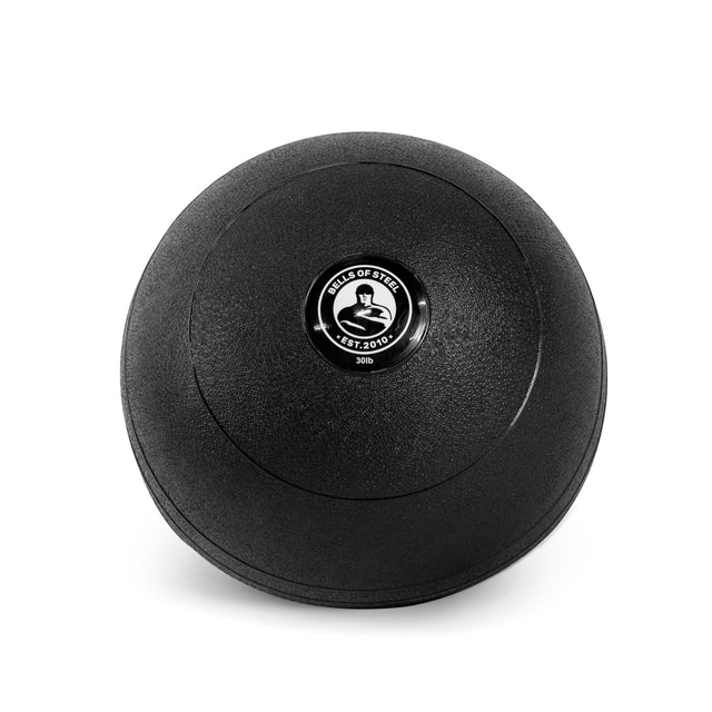 A 30 lb black Slam Ball with the "Bells of Steel" logo features a textured surface, ideal for fitness enthusiasts aiming to boost explosive power during cardio workouts.