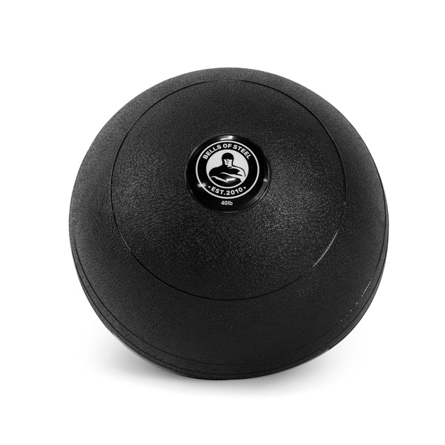 A black 40LB weighted slam ball from Bells of Steel features a round "Bells of Steel Est. 2010" logo in the center. Its textured surface enhances grip, ideal for explosive cardio workouts. The ball is elegantly displayed against a white background.