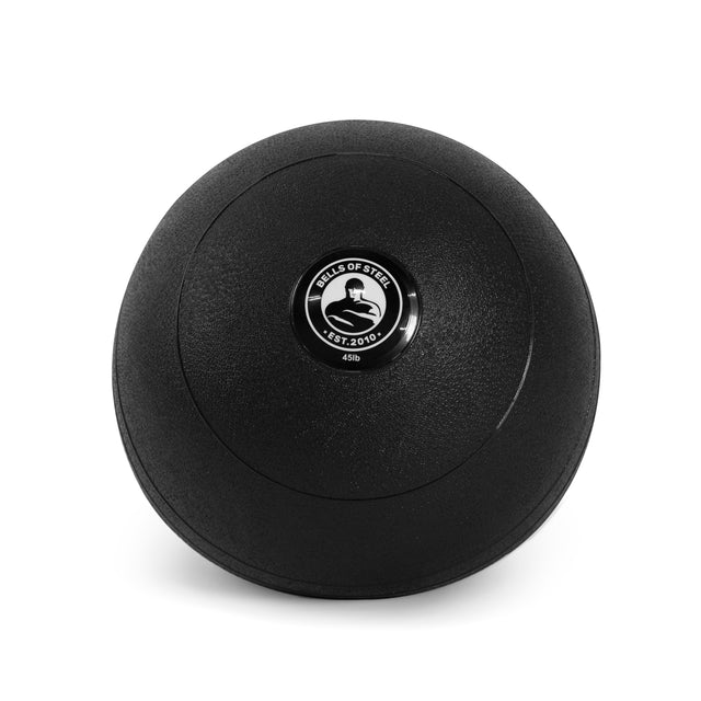 A black Bells of Steel slam ball with a textured surface and "45 lb." label at the center is shown, ideal for boosting explosive power through strength training and cardio workouts.