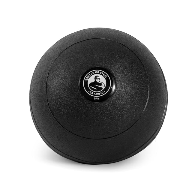 A black Slam Ball from Bells of Steel, crafted for explosive power in strength training exercises. It features a matte finish and rounded edges with the brand logo at the center, marked "55 lb.