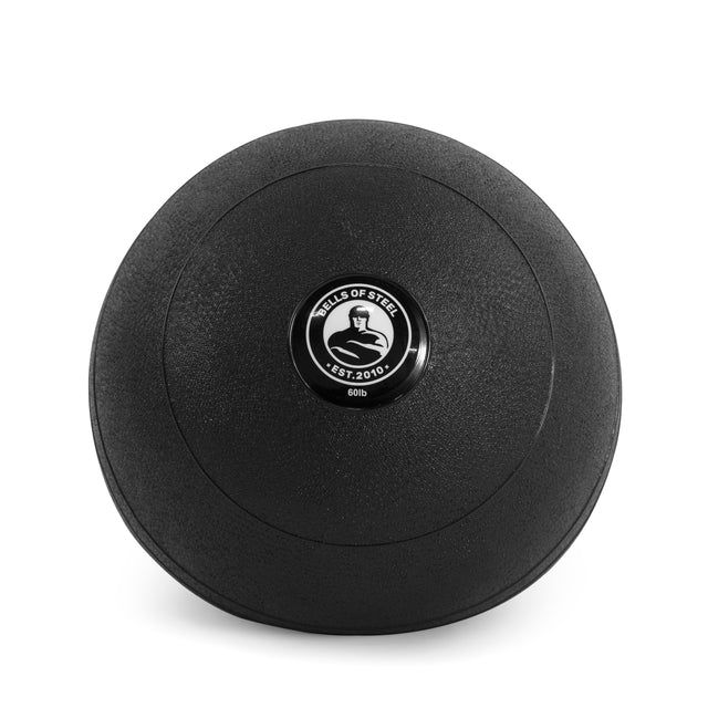 A round, black "Bells of Steel" Slam Ball with a textured surface showcases their logo featuring a weightlifting silhouette, "EST. 2010," and "60lb." It's perfect for cardio workouts to enhance explosive power.