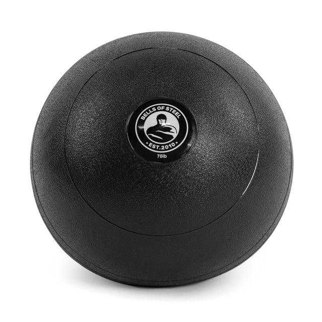 This 70 lb black slam ball by Bells of Steel, featuring "Est. 2010," has a pebbled texture for a secure grip in explosive cardio workouts.