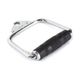 The Bells of Steel Single D Handle Cable Attachment features a chrome-plated design with a black knurled rubber grip and is displayed against a white background.
