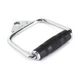 The Bells of Steel Single D Handle Cable Attachment features a chrome-plated design with a black knurled rubber grip and is displayed against a white background.
