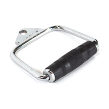 The Bells of Steel Single D Handle Cable Attachment features a chrome-plated design with a black knurled rubber grip and is displayed against a white background.