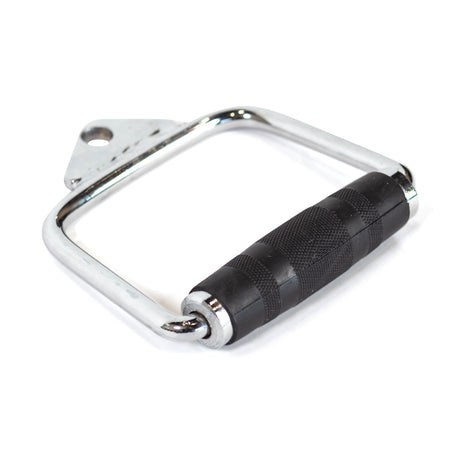 The Bells of Steel Single D Handle Cable Attachment features a chrome-plated design with a black knurled rubber grip and is displayed against a white background.