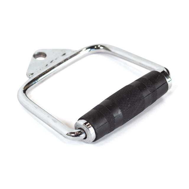 The Bells of Steel Single D Handle Cable Attachment features a chrome-plated design with a black knurled rubber grip and is displayed against a white background.