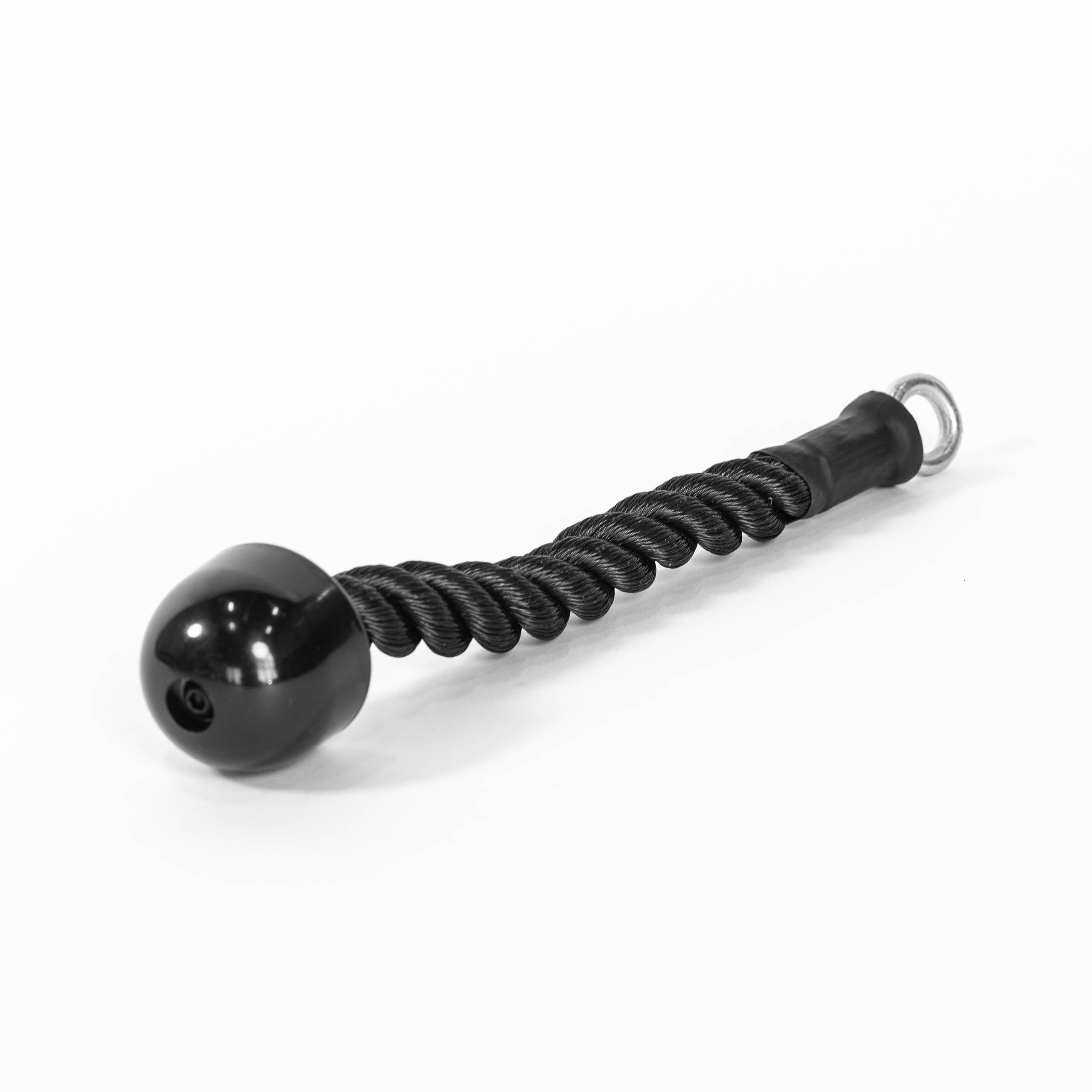 A Bells of Steel Tricep Pulldown Rope – Single with a black braided design and two rubber ends is placed on a white surface. The top end features a metal loop for attaching to weight equipment, ideal for targeting triceps on a cable machine.