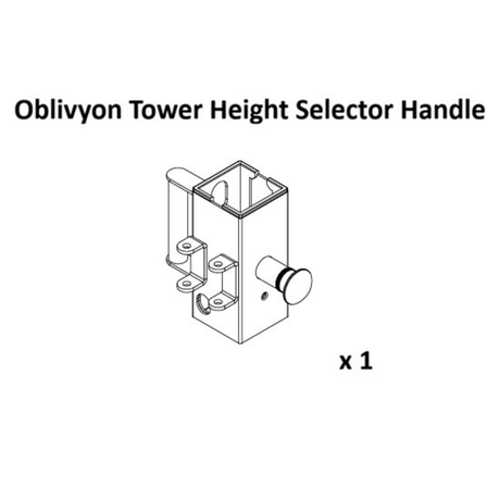 Line drawing of a rectangular metal bracket labeled “Oblivyon Cable Tower Spare Parts” by Bells of Steel, featuring one cylindrical handle, bolts on the side, and text “x 1” below it. This Selector Handle is an essential component of the Oblivyon Tower Weight Stack Cable system.