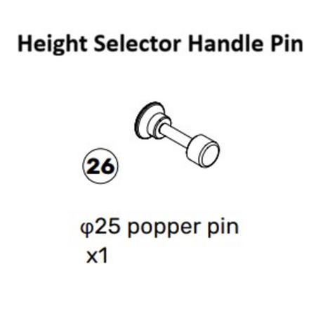 Diagram of a height selector handle pin, labeled as part 26 with the text “φ25 popper pin x1” below a simple black and white illustration of the pin. This component is part of the Bells of Steel Oblivyon Cable Tower Spare Parts and is compatible with equipment such as the Oblivyon Tower or Weight Stack Cable systems.