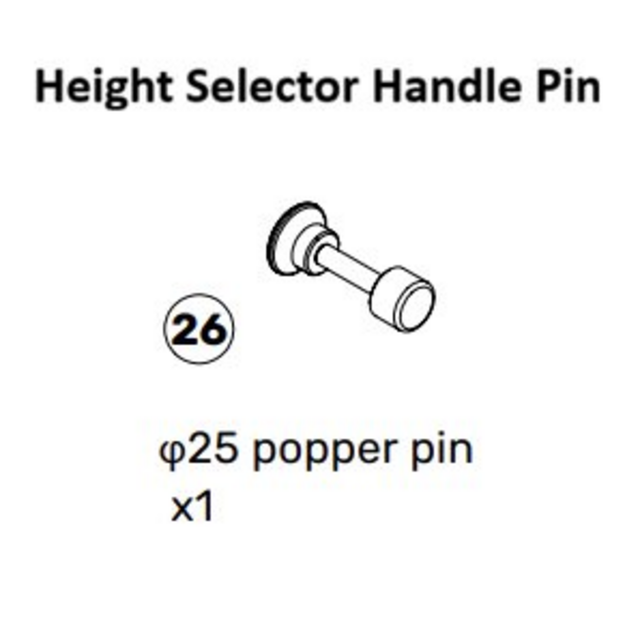 Diagram of a height selector handle pin, labeled as part 26 with the text “φ25 popper pin x1” below a simple black and white illustration of the pin. This component is part of the Bells of Steel Oblivyon Cable Tower Spare Parts and is compatible with equipment such as the Oblivyon Tower or Weight Stack Cable systems.