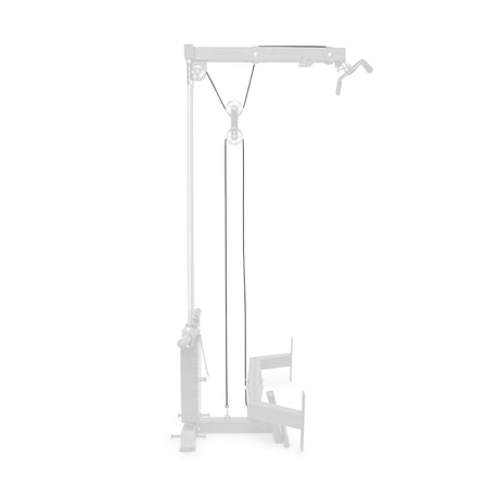 An illustration of the Bells of Steel 72" Hydra/Manticore Lat Pulldown Attachment Cables highlights cable paths through pulleys, with background grayed out to emphasize the cable mechanism.