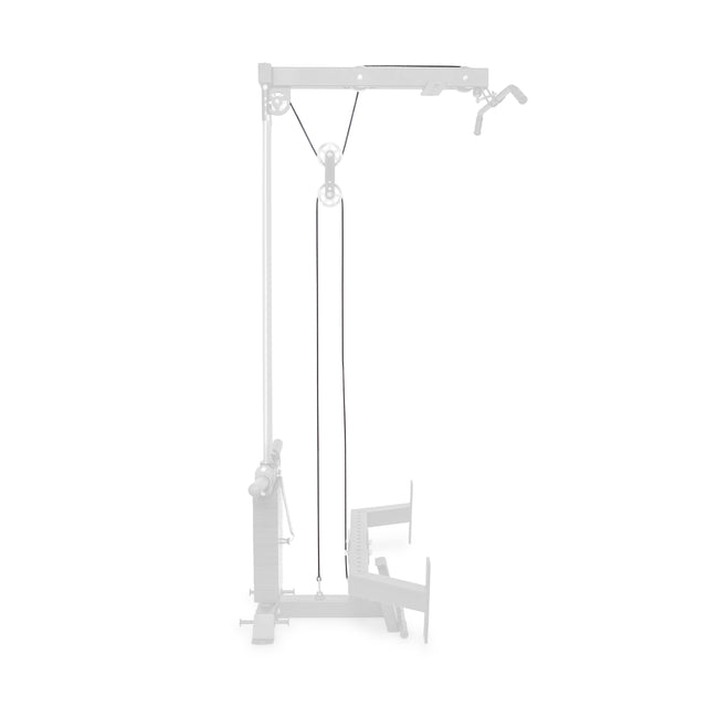 The 90" Hydra/Manticore Lat Pulldown Attachment Cables by Bells of Steel feature a pulley system on a vertical metal frame with top and bottom replacement handles, smoothly adjusting tension via middle and bottom pulleys. Its stable base complements the sleek design in the grayscale image.