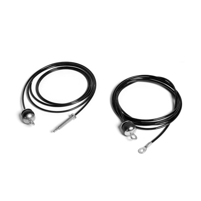 Two black Bells of Steel 90" Hydra/Manticore Lat Pulldown Attachment Cables, each featuring a metallic connector and loop, are coiled neatly against a white background, showcasing their identical design and functionality.