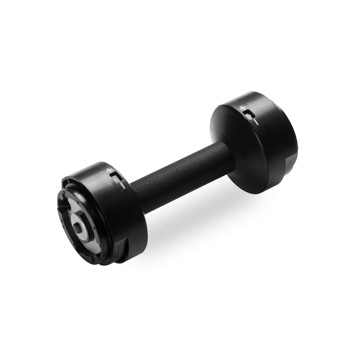 A black textured NÜOBELL Replacement Handle by Nuobell, featuring two round weight plates, rests on a white background, perfect for enhancing your workouts.