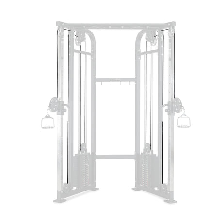 The Bells of Steel BOS2-FCT Functional Trainer has a central frame with two weight stacks, adjustable pulleys, handles, and replacement cables (Cables for Functional Trainer Part #27). A faded or partially transparent image enhances its visual appeal while supporting strength training exercises.