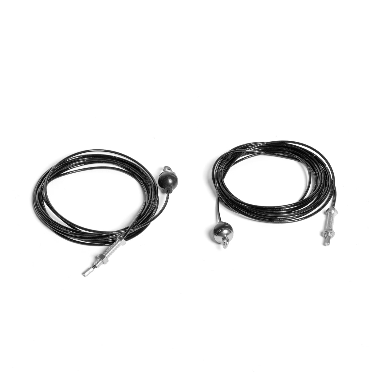 Two coiled black Bells of Steel Functional Trainer cables with ball ends rest on a white background, resembling premium replacement strings. Each cable features a silver-colored threaded tip similar to those in high-quality systems like the BOS2-FCT.