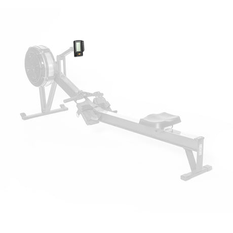 A Bells of Steel Blitz Bike Monitor rowing machine features a sleek flywheel and digital display. The elegant seat and rail stretch backward, stylishly blurred to highlight the footplates adorned with the brand logo.