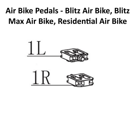 Line drawings of two air bike pedals, labeled 1L and 1R, shown under the title "Air Bike Spare Parts - Bells of Steel." These essential spare parts are perfect for maintaining your Bells of Steel Blitz Air Bike, Blitz Max Air Bike, or Residential Air Bike.