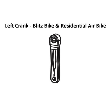 Black and white line drawing of a left crank arm for a Bells of Steel Blitz Air Bike and Residential Air Bike, displayed vertically with circular holes at both ends. A text label above identifies the product as "Air Bike Spare Parts" by Bells of Steel.