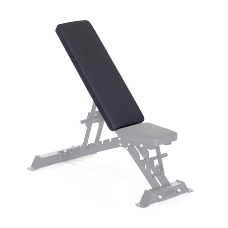 Discover the Buzzsaw Back Pad—a versatile, adjustable weight bench by Bells of Steel. It features a sleek black cushioned backrest and seat on a metallic gray frame with visible adjustment holes and a sturdy base, offering compatibility with replacement back pads for custom comfort.