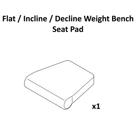 Line drawing of a padded seat labeled “FID Bench Spare Parts – Seat Pad” by Bells of Steel, with “x1” indicating one back pad included.