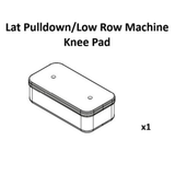 A black and white diagram labeled “Lat Pulldown / Low Row Machine Spare Parts” from Bells of Steel depicts a rectangular padded component with rounded edges, shown at an angle. Designed as a replacement part for your Low Row or Lat Pulldown Machine, the label “x1” indicates that one piece is included.