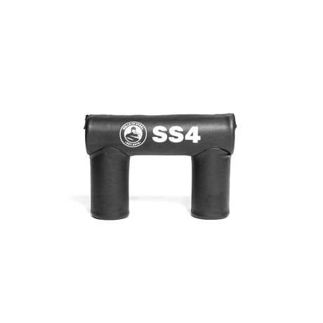 Discover the versatility of the black Bells of Steel Pad for Safety Squat Bar, featuring a logo on the left. It has a rectangular padded top and two cylindrical padded legs forming an "H" shape, is compatible with accessories, and includes a replacement back pad for added comfort.