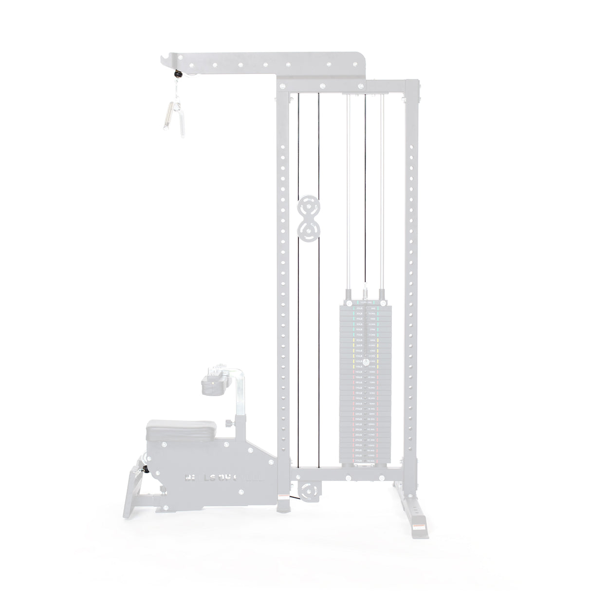 The Bells of Steel Selectorized Lat Pulldown Low Row Machine features weight stacks, a pulldown bar, an adjustable seat, and replacement cables in the vertical frame with a top pulley. It's perfect for strength training with its minimalist design.